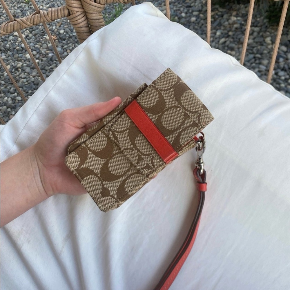 Coach Signature Canvas Wristlet Wallet in Khaki with Orange Accent